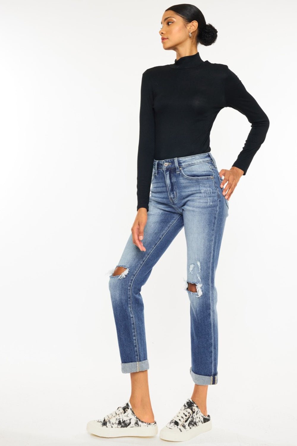 Kancan High Waist Distressed Hem Detail Cropped Straight Jeans - jeans - Medium - Bella Bourget