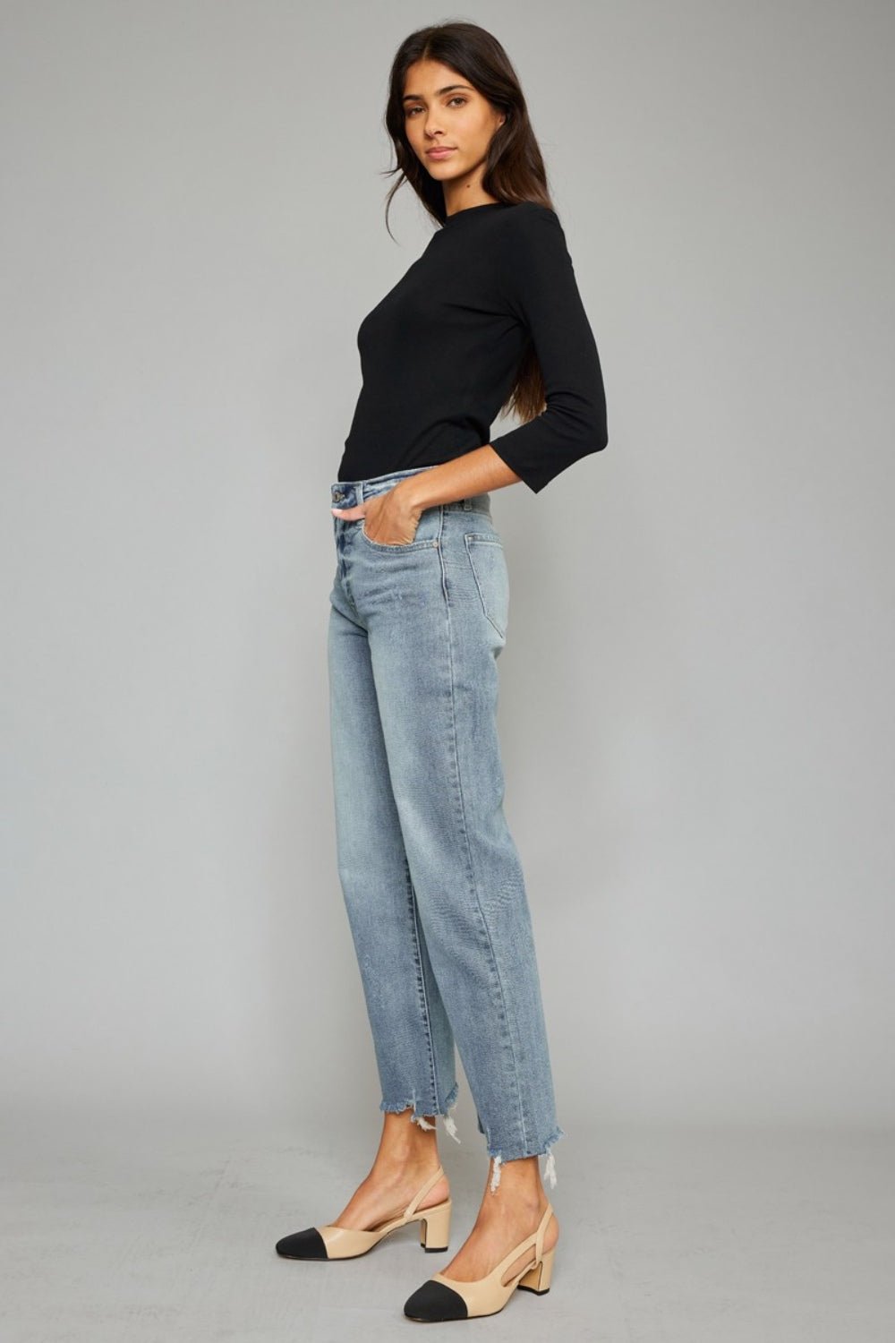 Kancan High Waist Raw Hem Cropped Wide Leg Jeans - jeans - Light - Bella Bourget