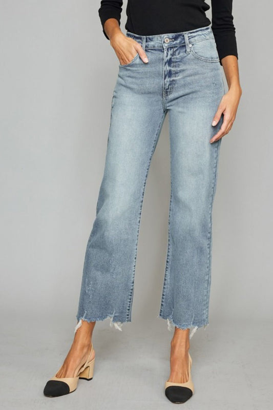 Kancan High Waist Raw Hem Cropped Wide Leg Jeans - jeans - Light - Bella Bourget