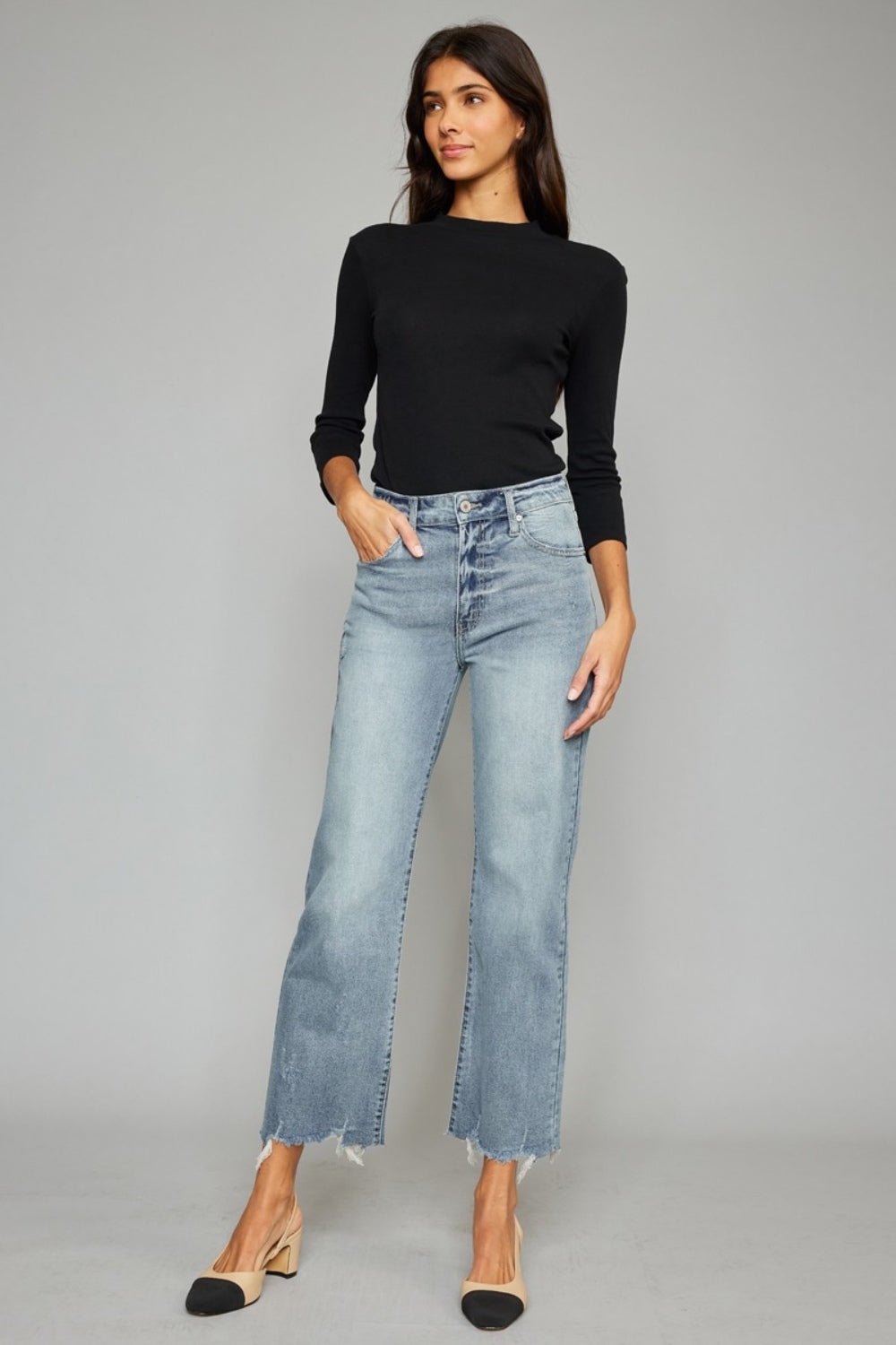 Kancan High Waist Raw Hem Cropped Wide Leg Jeans - jeans - Light - Bella Bourget