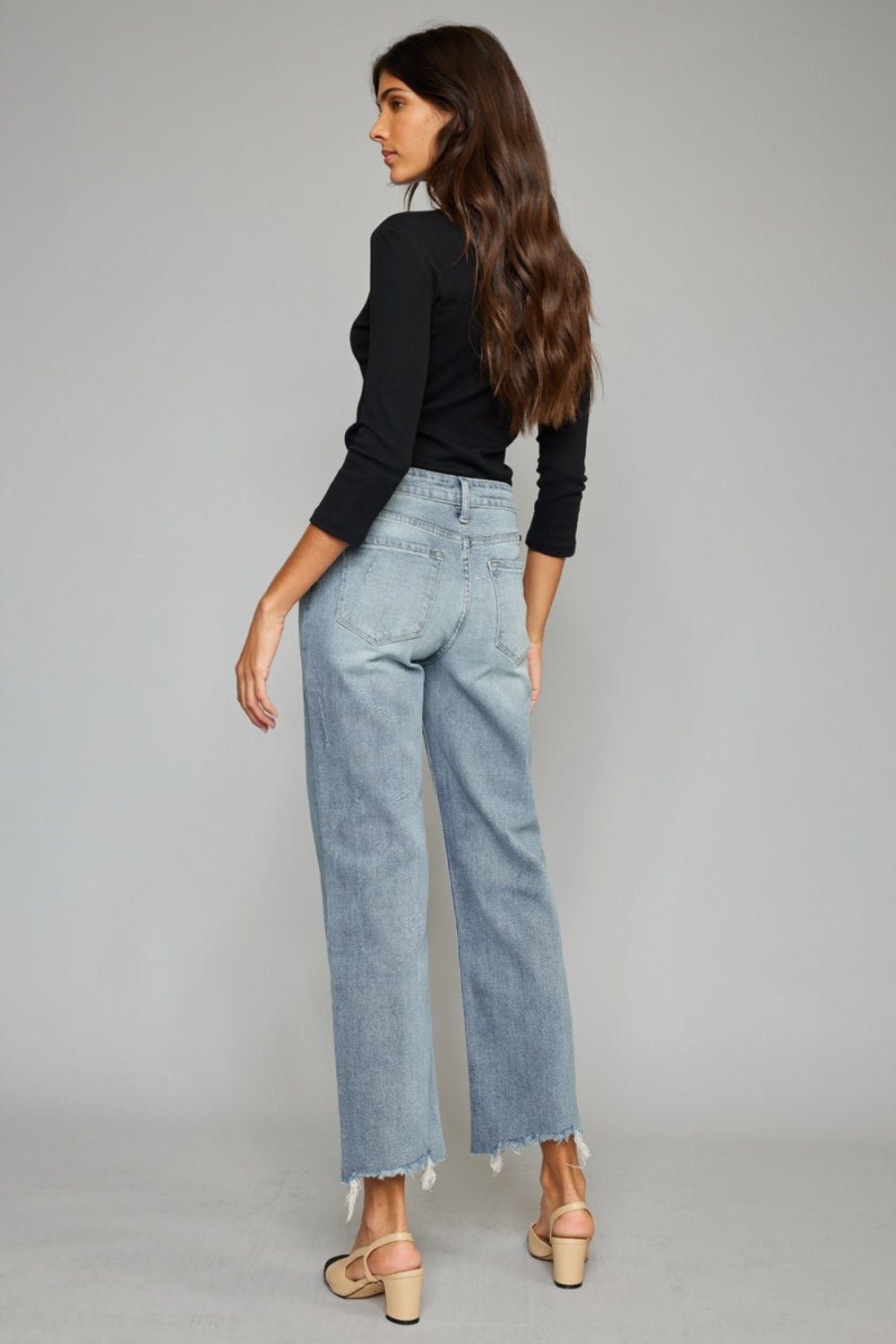 Kancan High Waist Raw Hem Cropped Wide Leg Jeans - jeans - Light - Bella Bourget