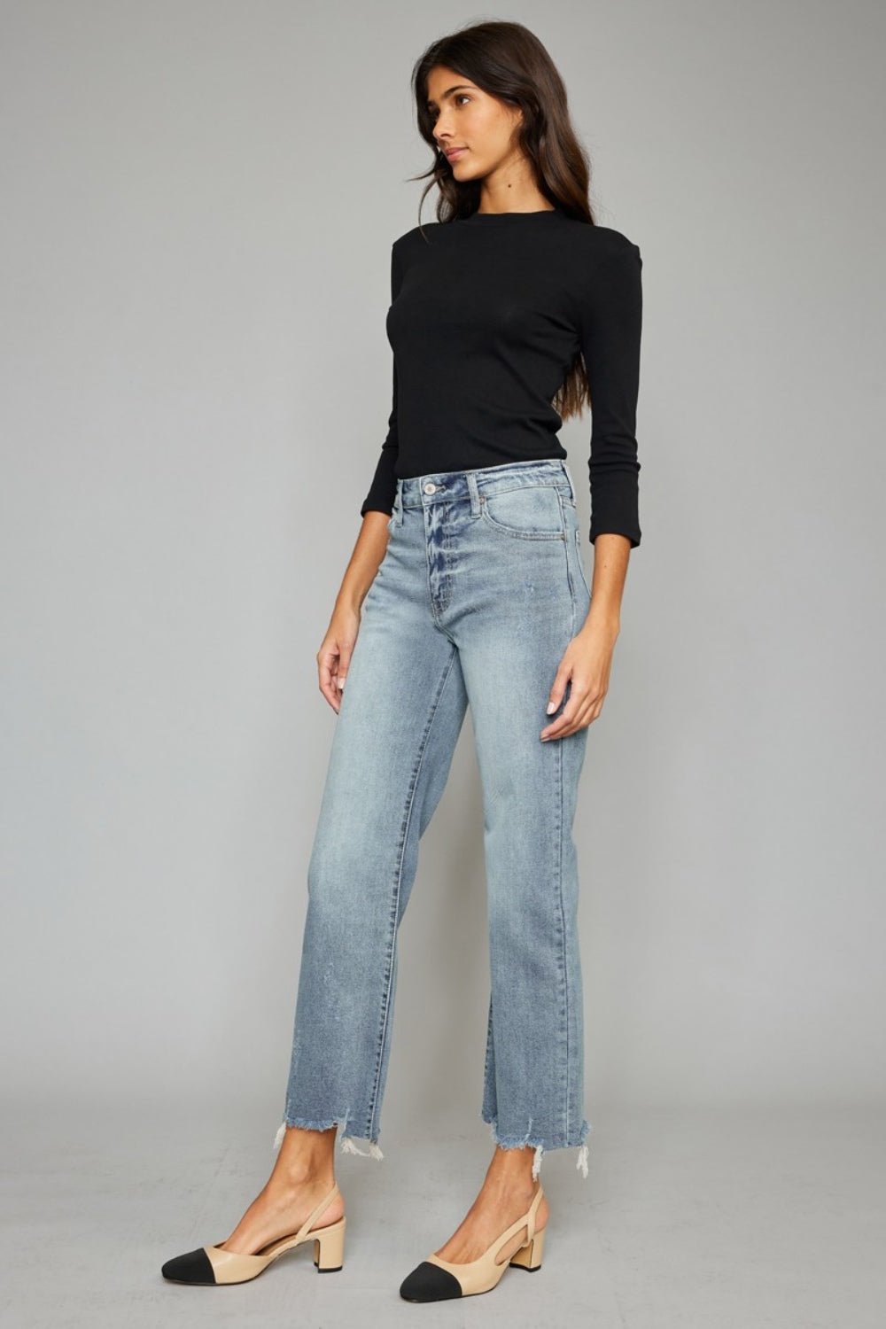 Kancan High Waist Raw Hem Cropped Wide Leg Jeans - jeans - Light - Bella Bourget