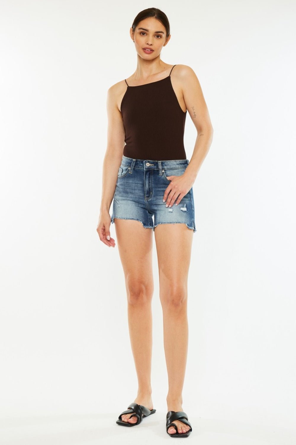 Kancan High Waist Raw Hem Denim Shorts - Shorts - Dark - Bella Bourget