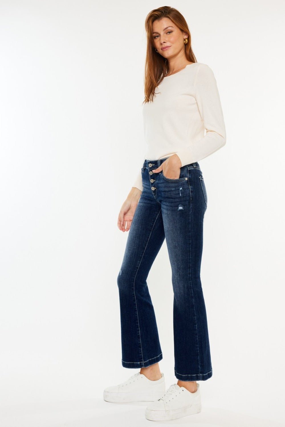 Kancan Mid Rise Button Fly Flare Jeans - Jeans - Medium - Bella Bourget