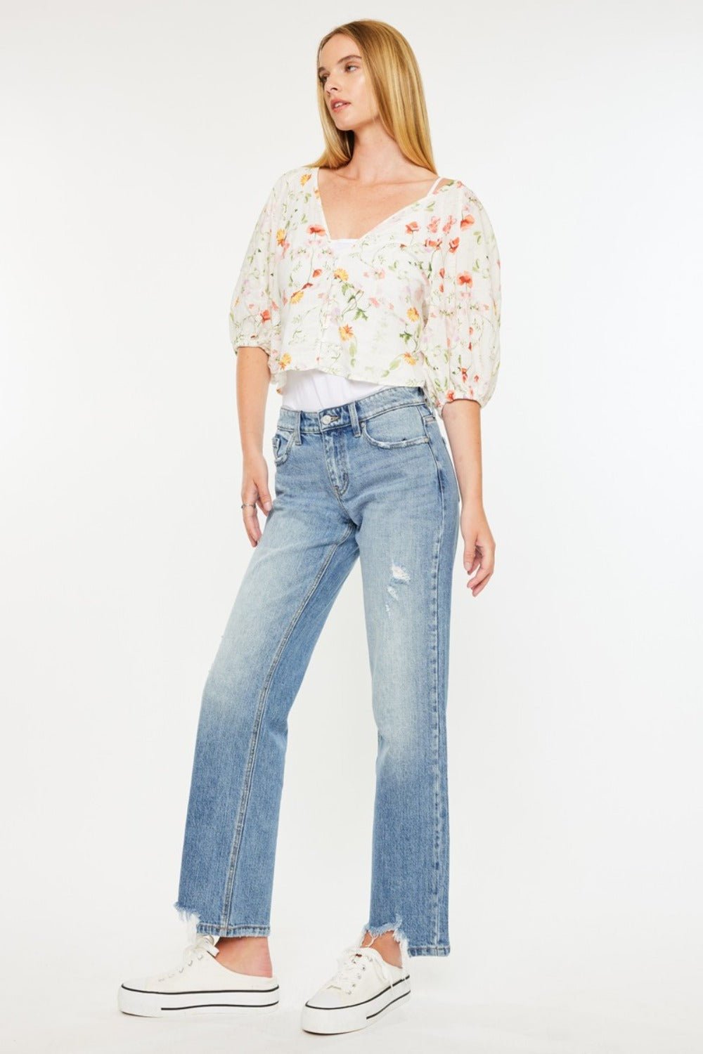 Kancan Mid Rise Frayed Hem Straight Jeans - Jeans - Medium - Bella Bourget