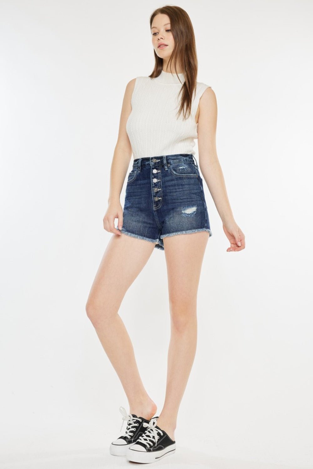 Kancan Raw Hem Button Fly Denim Shorts - Shorts - Dark - Bella Bourget