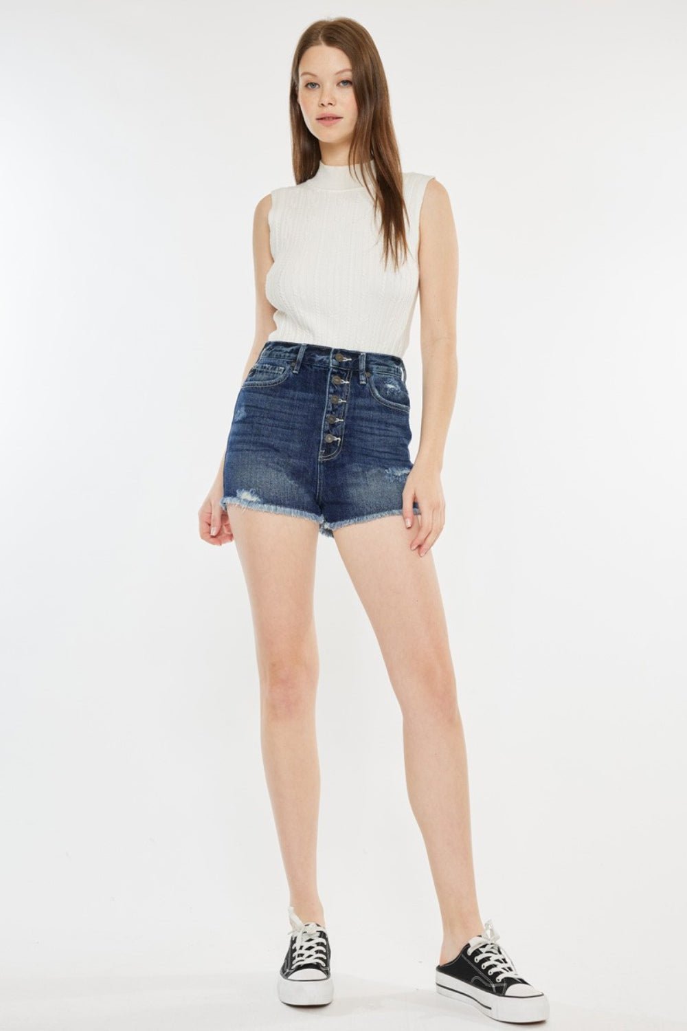 Kancan Raw Hem Button Fly Denim Shorts - Shorts - Dark - Bella Bourget