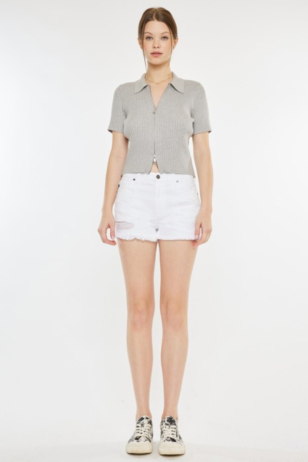 Kancan Raw Hem Distressed Denim Shorts - Shorts - White - Bella Bourget