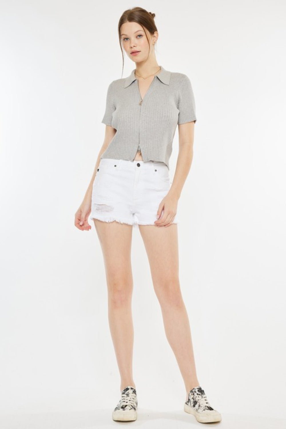 Kancan Raw Hem Distressed Denim Shorts - Shorts - White - Bella Bourget