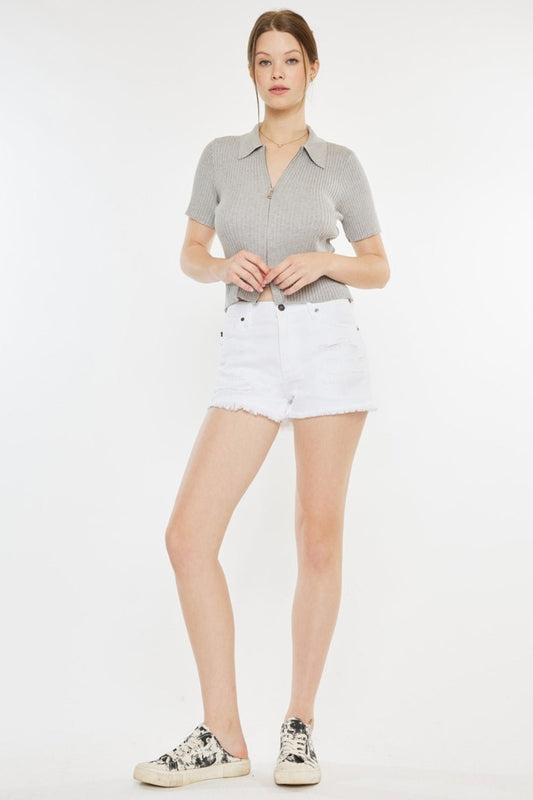 Kancan Raw Hem Distressed Denim Shorts - Shorts - White - Bella Bourget