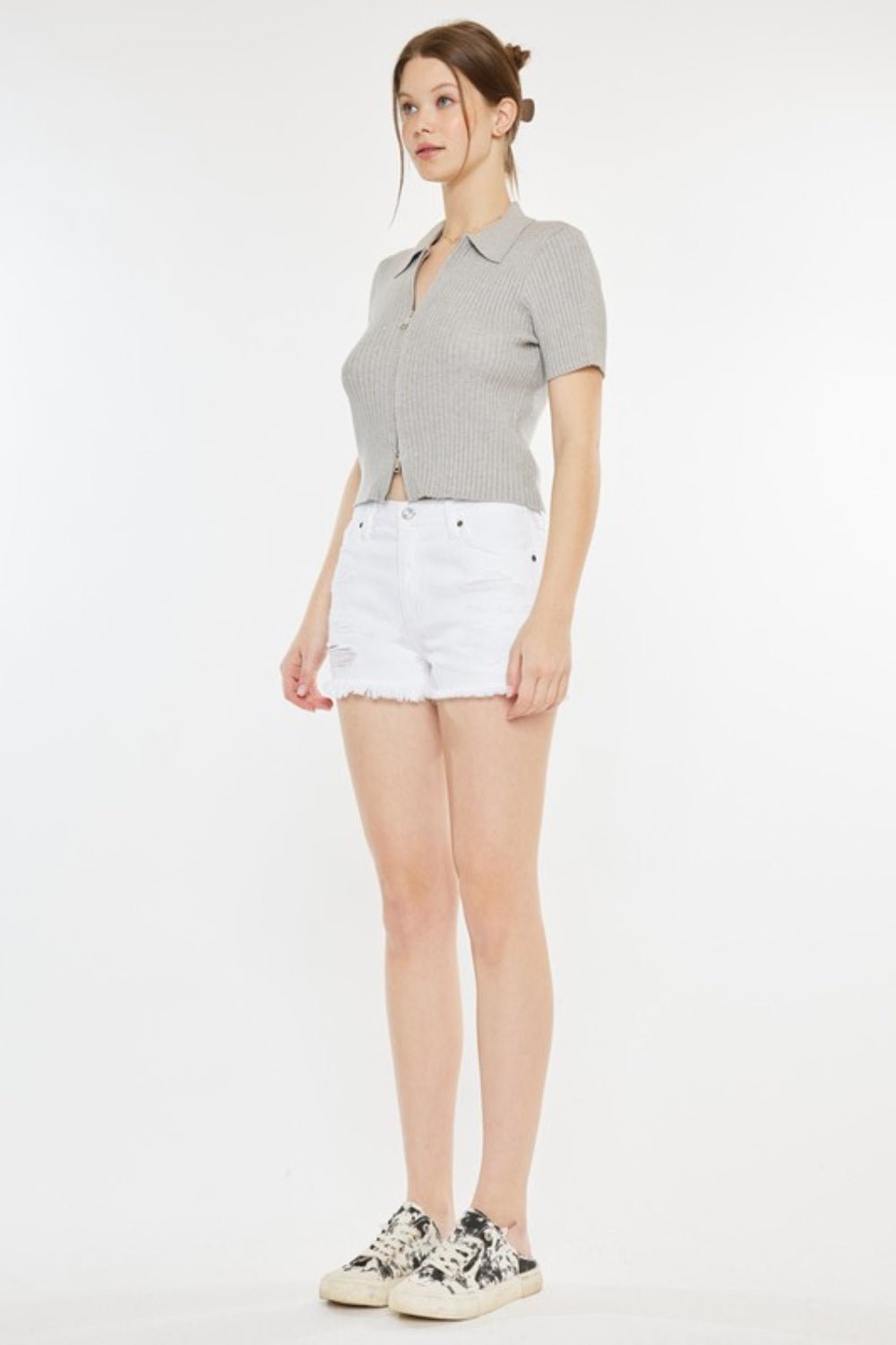 Kancan Raw Hem Distressed Denim Shorts - Shorts - White - Bella Bourget