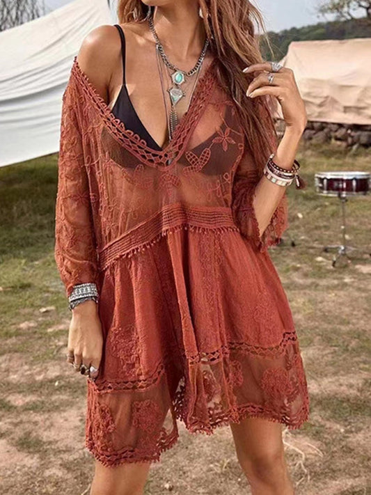 Lace Detail Plunge Cover - Up Dress - One - Piece Swimsuit - Brick Red - Bella Bourget