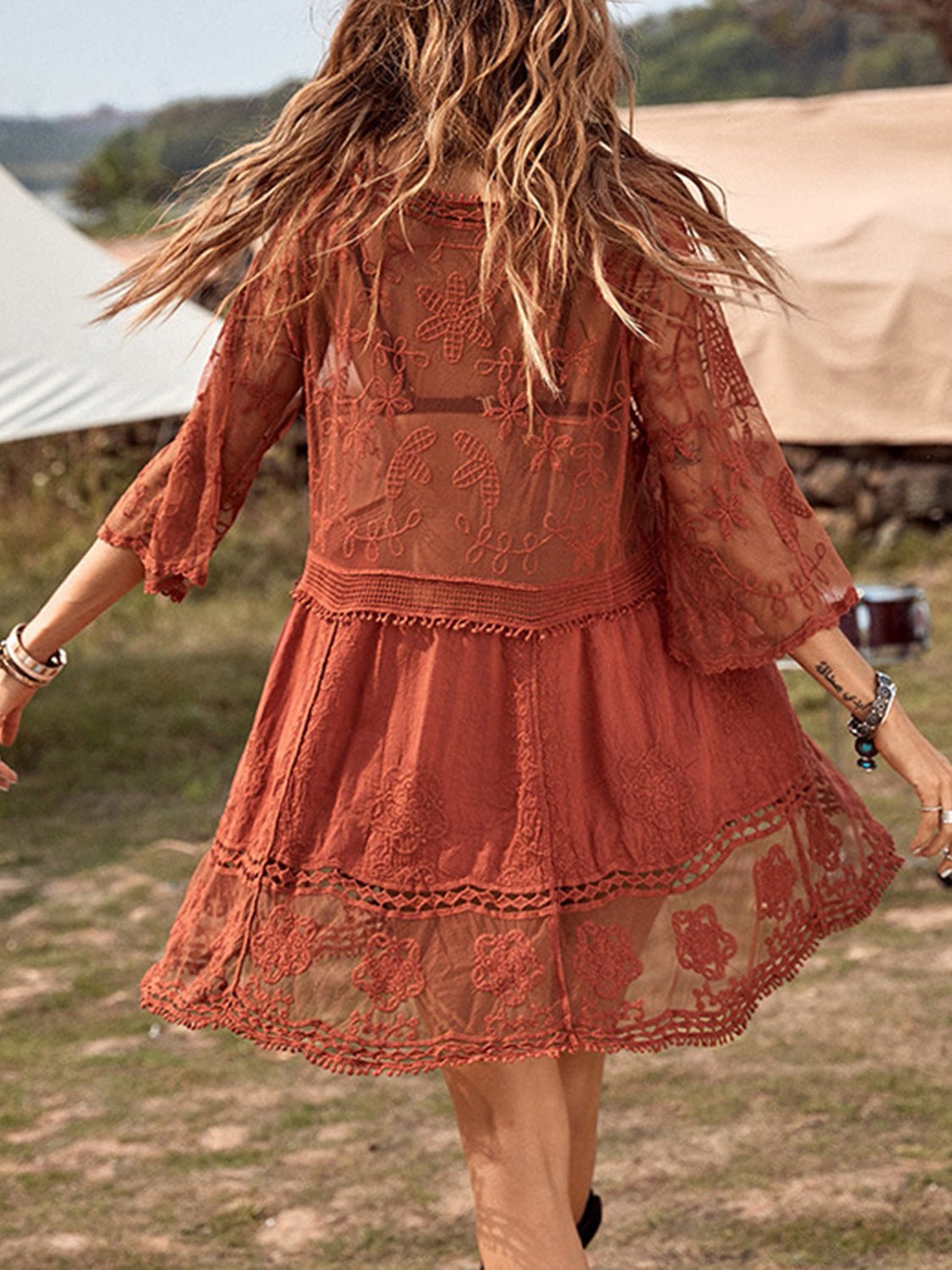 Lace Detail Plunge Cover - Up Dress - One - Piece Swimsuit - Brick Red - Bella Bourget