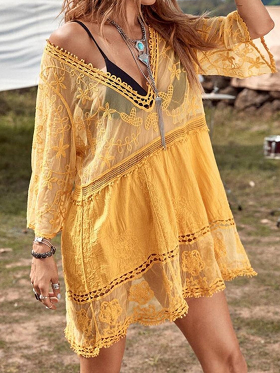 Lace Detail Plunge Cover - Up Dress - One - Piece Swimsuit - Mustard - Bella Bourget