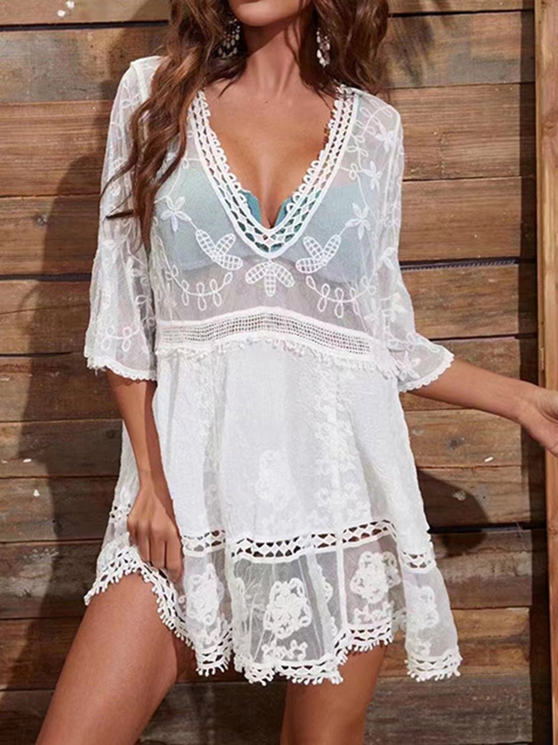 Lace Detail Plunge Cover - Up Dress - One - Piece Swimsuit - White - Bella Bourget