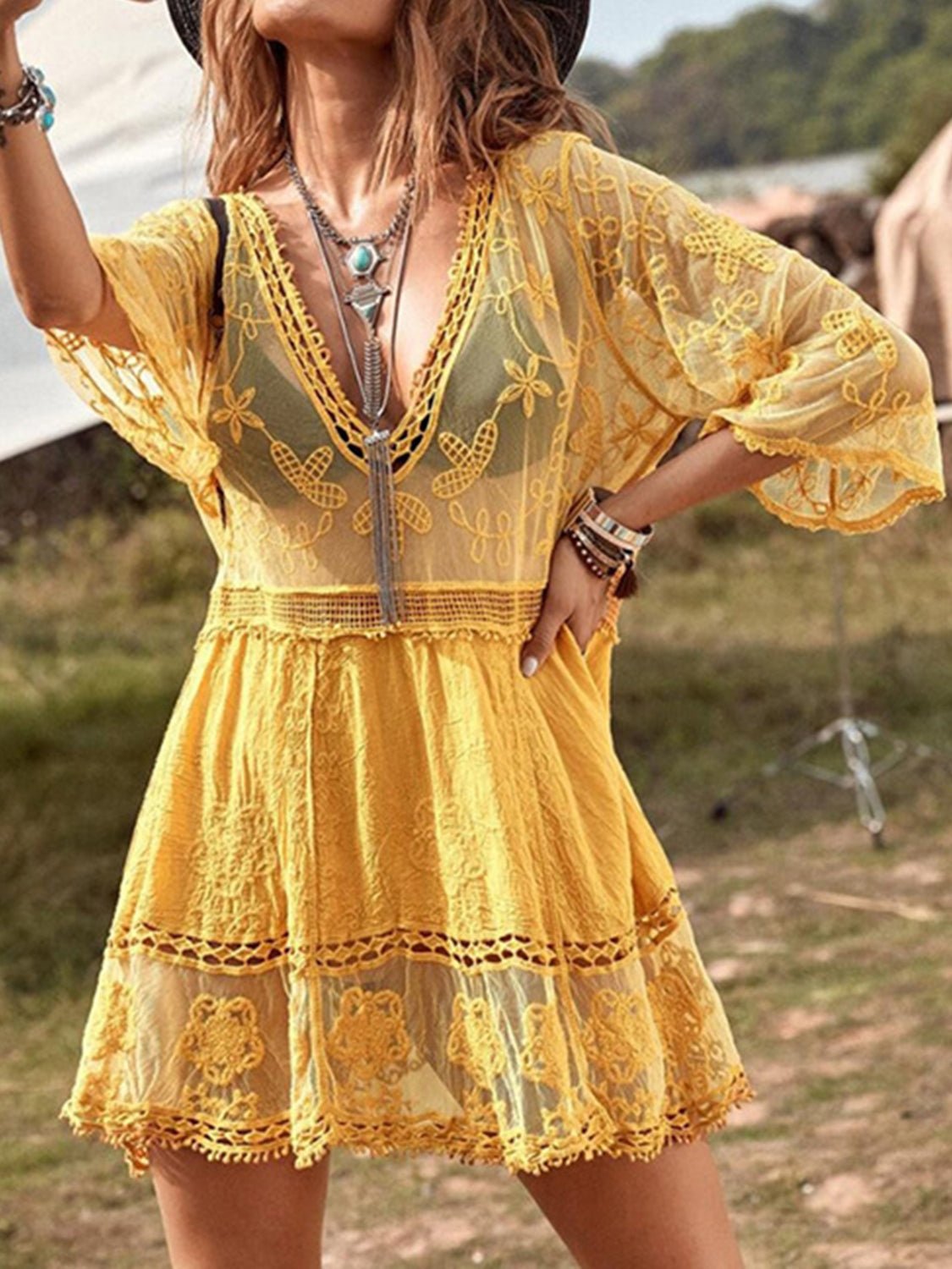 Lace Detail Plunge Cover - Up Dress - One - Piece Swimsuit - Mustard - Bella Bourget