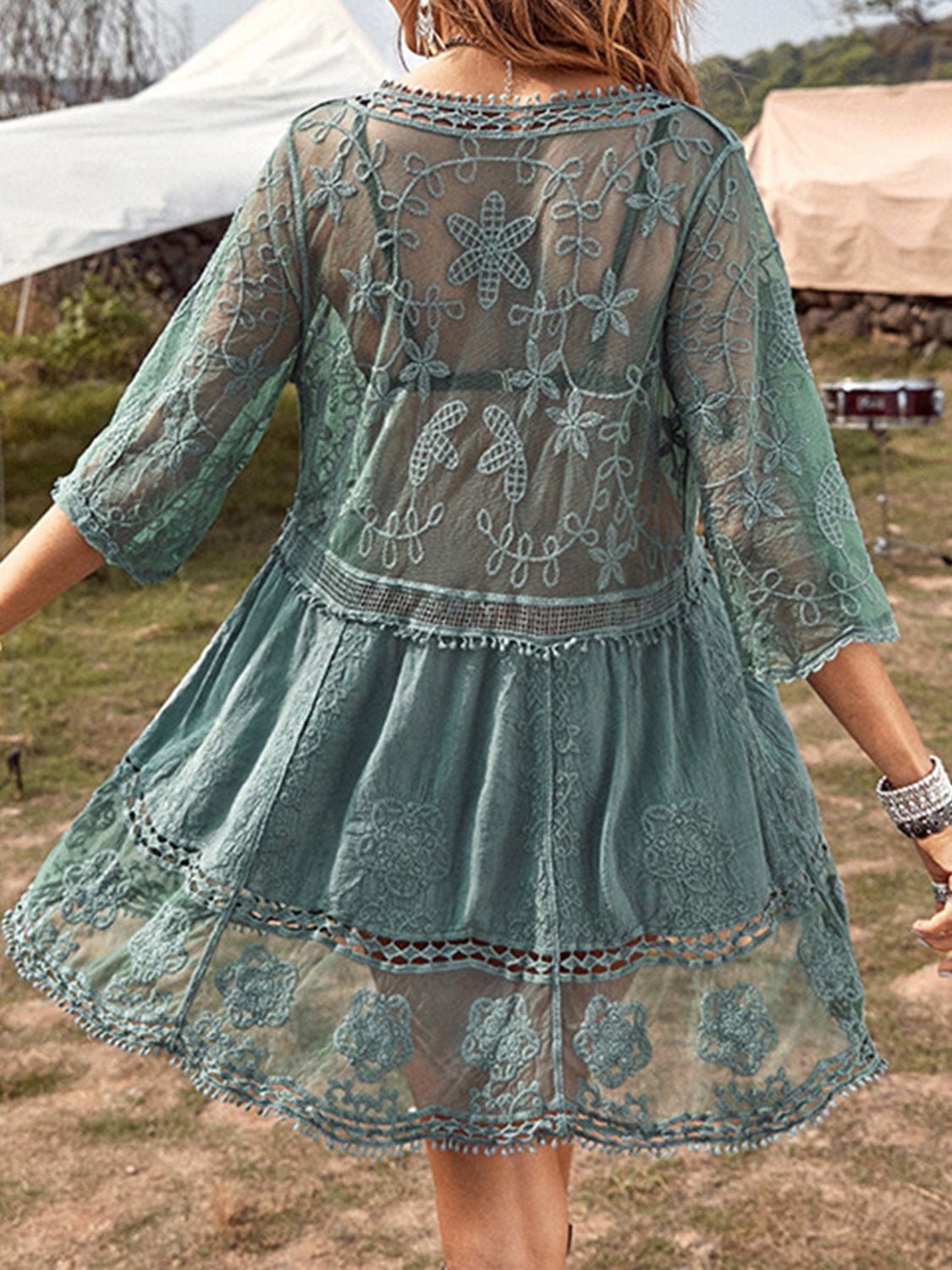 Lace Detail Plunge Cover - Up Dress - One - Piece Swimsuit - Turquoise - Bella Bourget