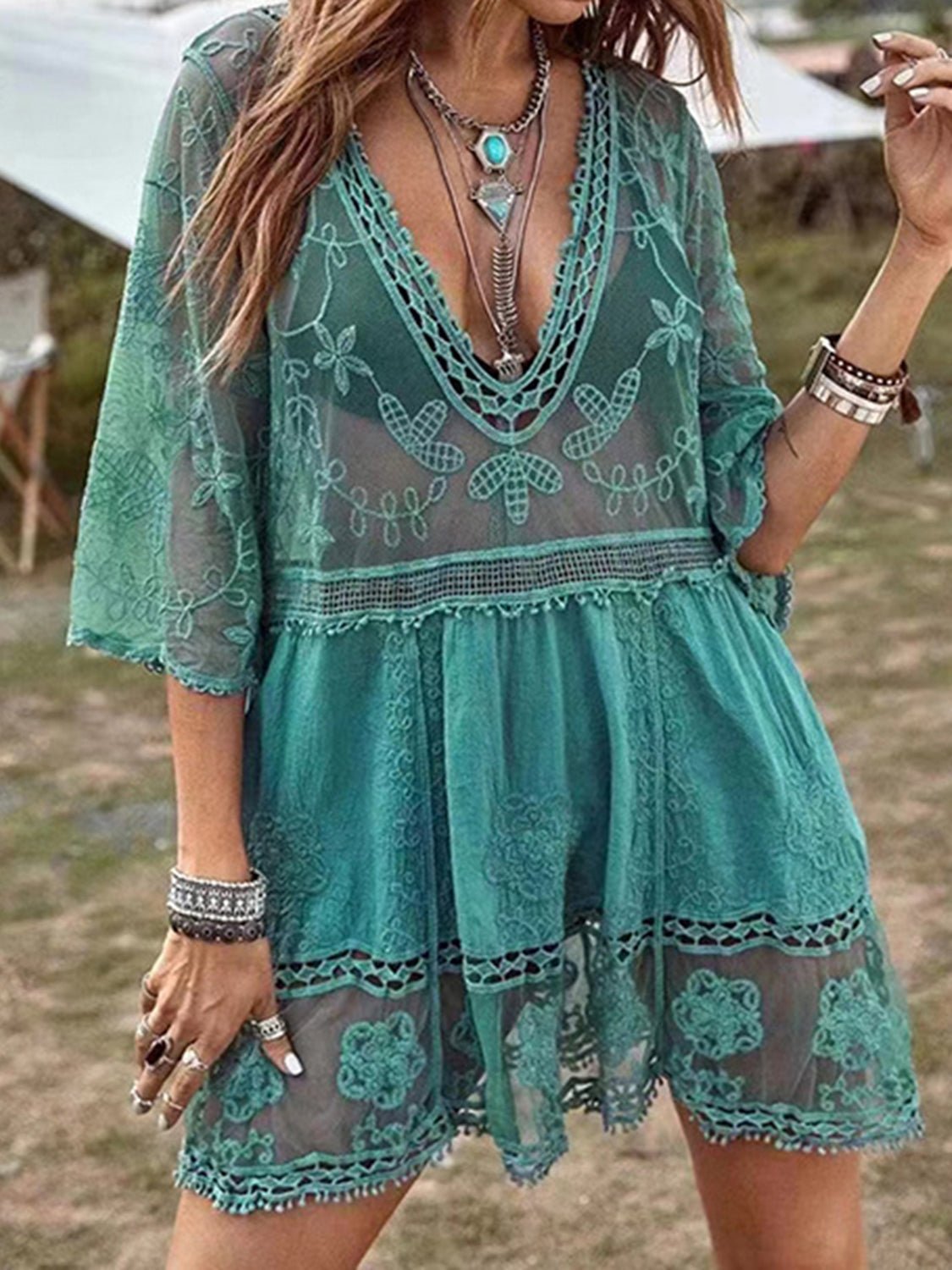 Lace Detail Plunge Cover - Up Dress - One - Piece Swimsuit - Turquoise - Bella Bourget