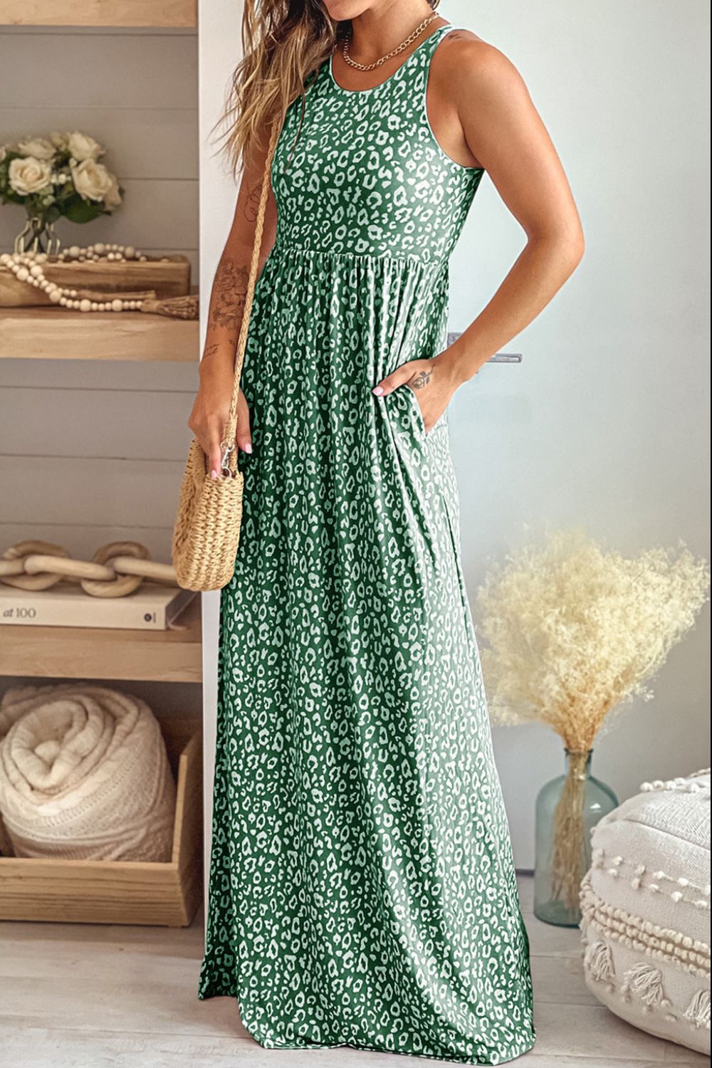 Leopard Round Neck Sleeveless Maxi Dress - Dress - Sage - Bella Bourget