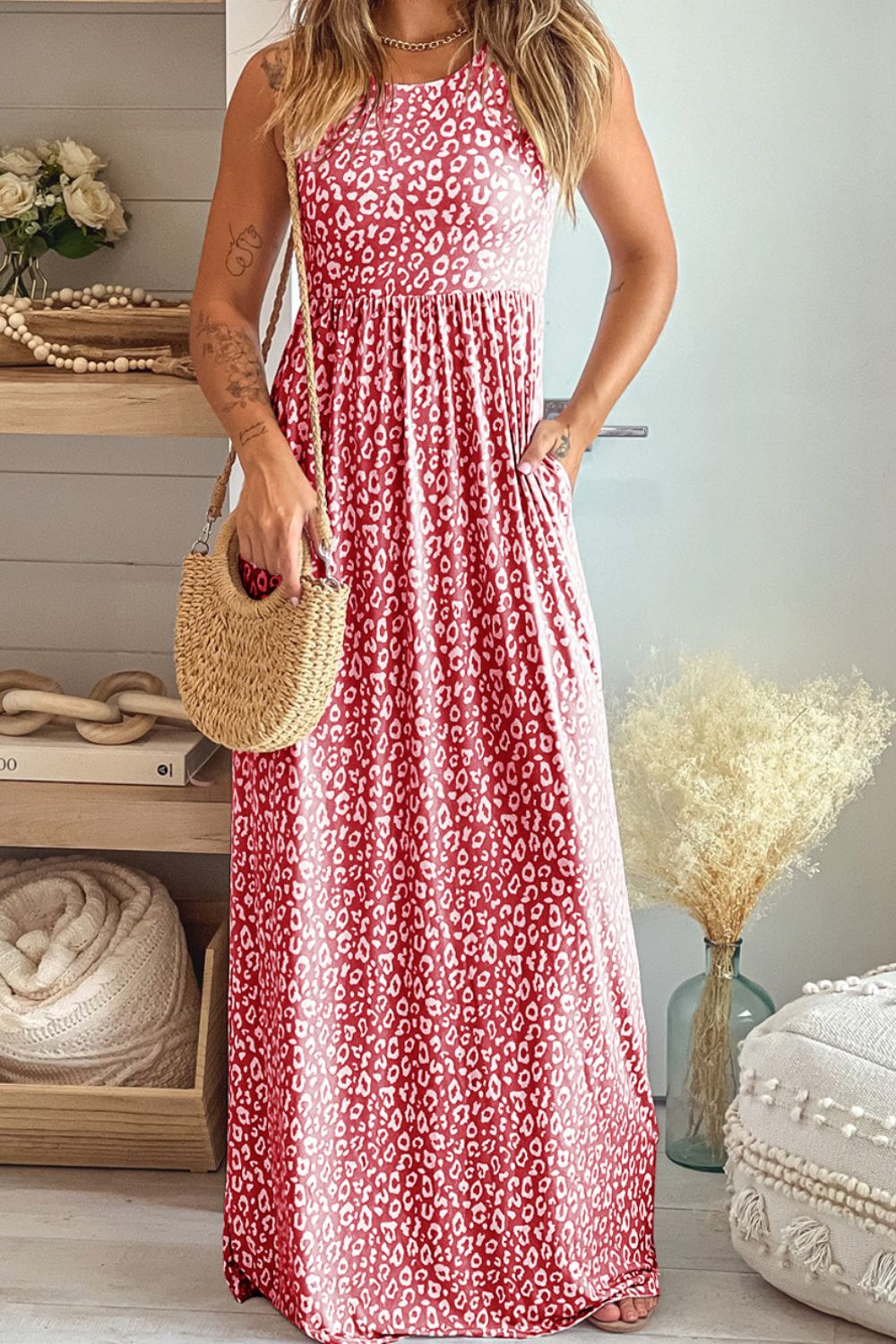 Leopard Round Neck Sleeveless Maxi Dress - Dress - Dusty Pink - Bella Bourget