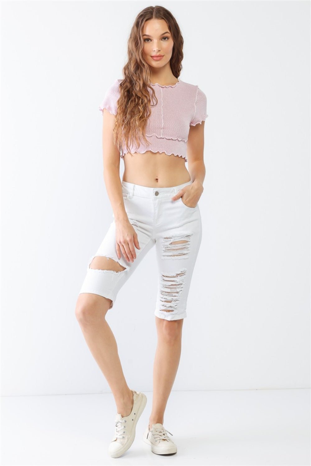 LITZ LA Distressed Bermuda Denim Shorts - Shorts - White - Bella Bourget