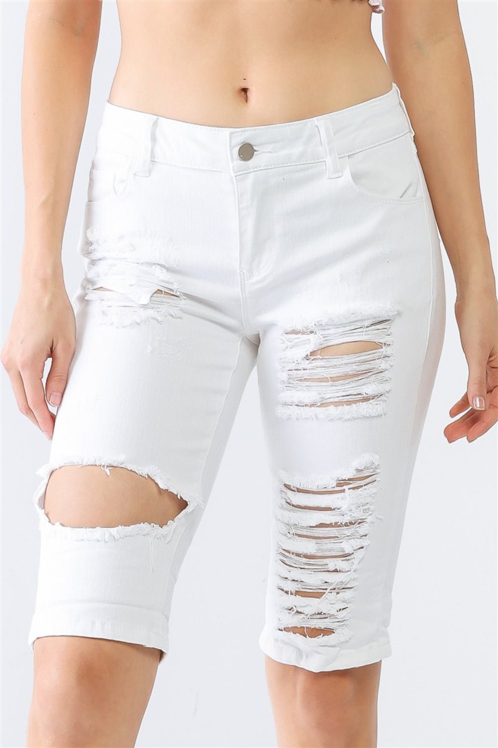 LITZ LA Distressed Bermuda Denim Shorts - Shorts - White - Bella Bourget