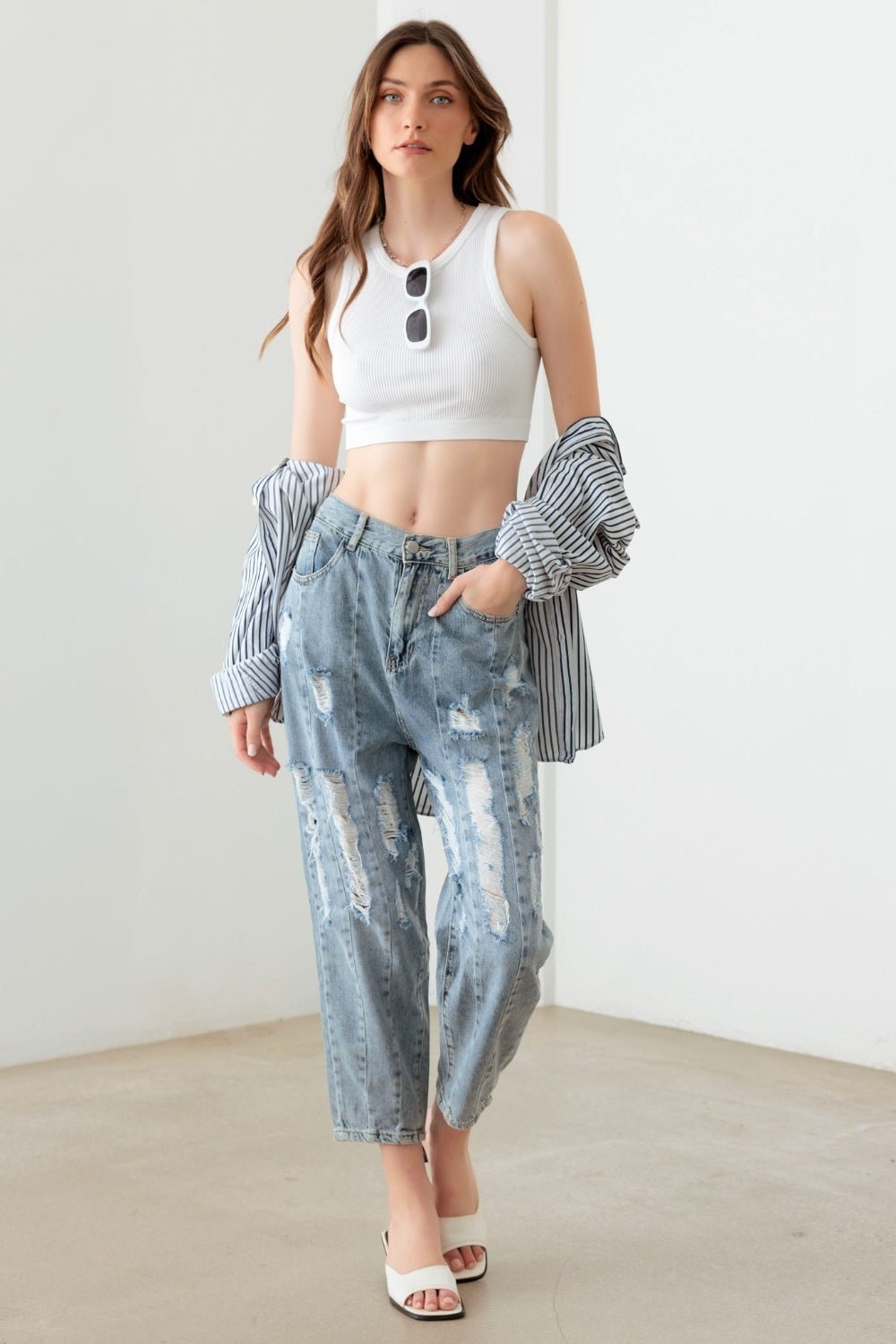 Litz La Washed Barrel Leg High Waist Distressed Jeans - Jeans - Light Denim Wash - Bella Bourget