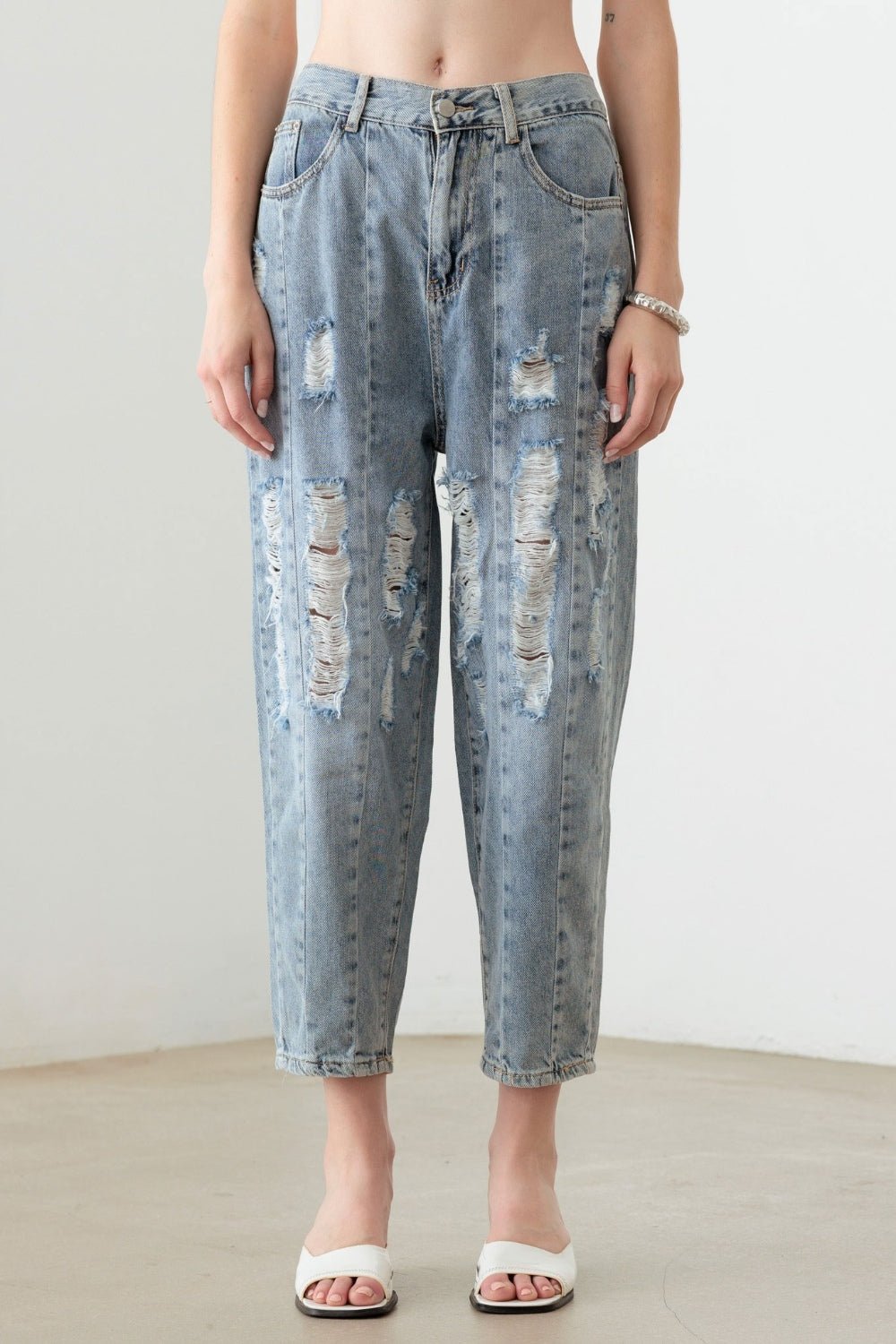 Litz La Washed Barrel Leg High Waist Distressed Jeans - Jeans - Light Denim Wash - Bella Bourget