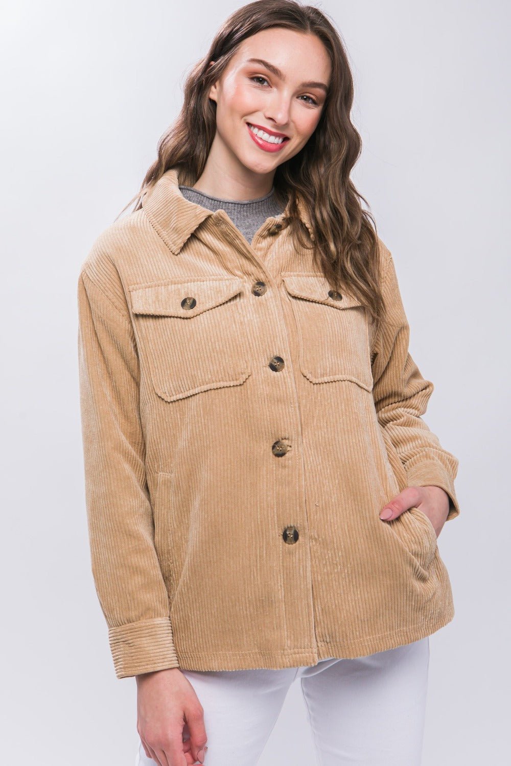 Love Tree Corduroy Button Up Jacket with Sherpa Inside - Shacket - Beige - Bella Bourget