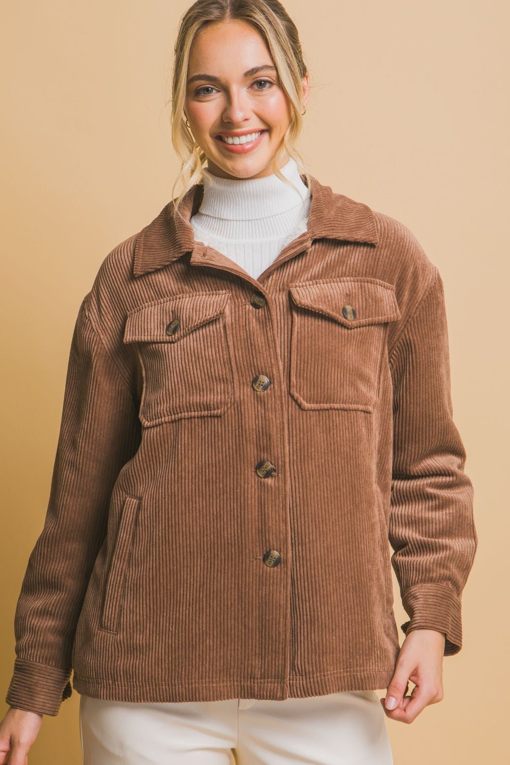 Love Tree Corduroy Button Up Jacket with Sherpa Inside - Jacket - Cocoa - Bella Bourget