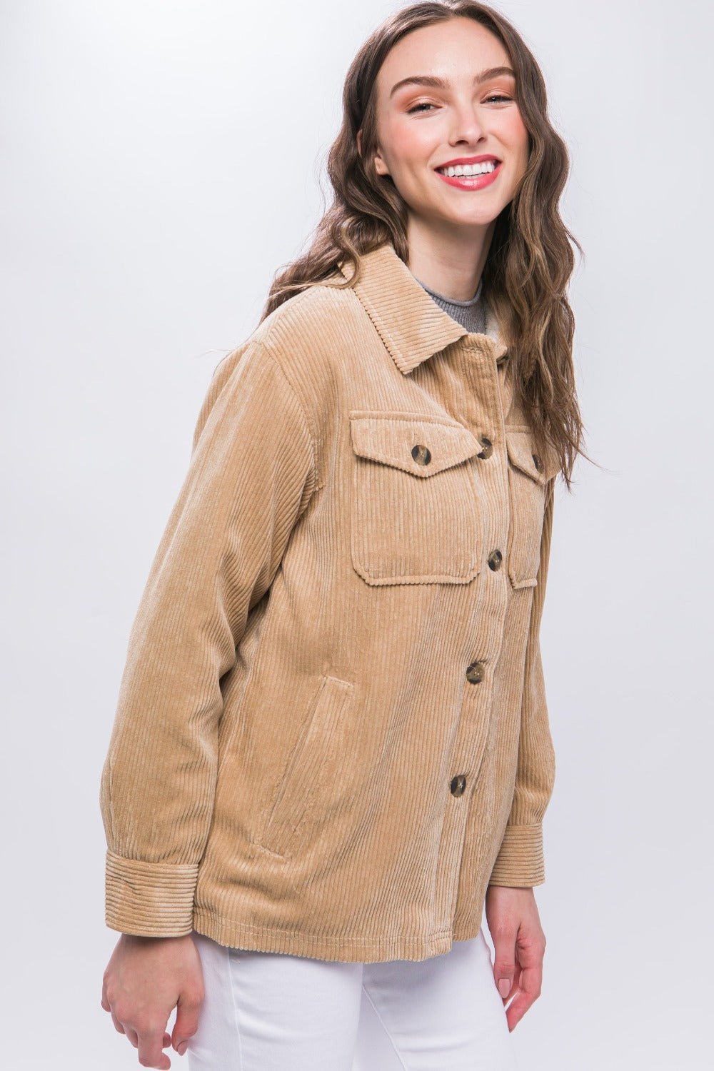 Love Tree Corduroy Button Up Jacket with Sherpa Inside - Shacket - Beige - Bella Bourget