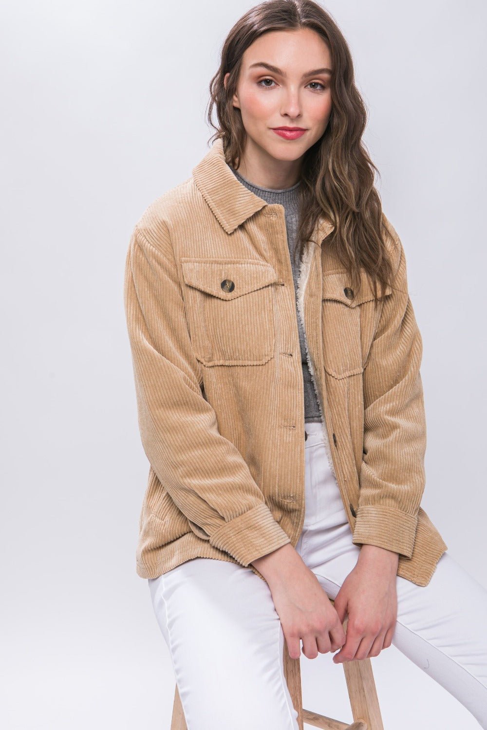 Love Tree Corduroy Button Up Jacket with Sherpa Inside - Shacket - Beige - Bella Bourget