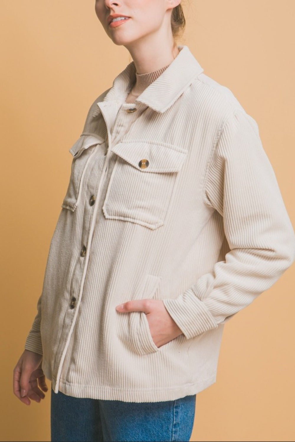 Love Tree Corduroy Button Up Jacket with Sherpa Inside - Shacket - Cream - Bella Bourget