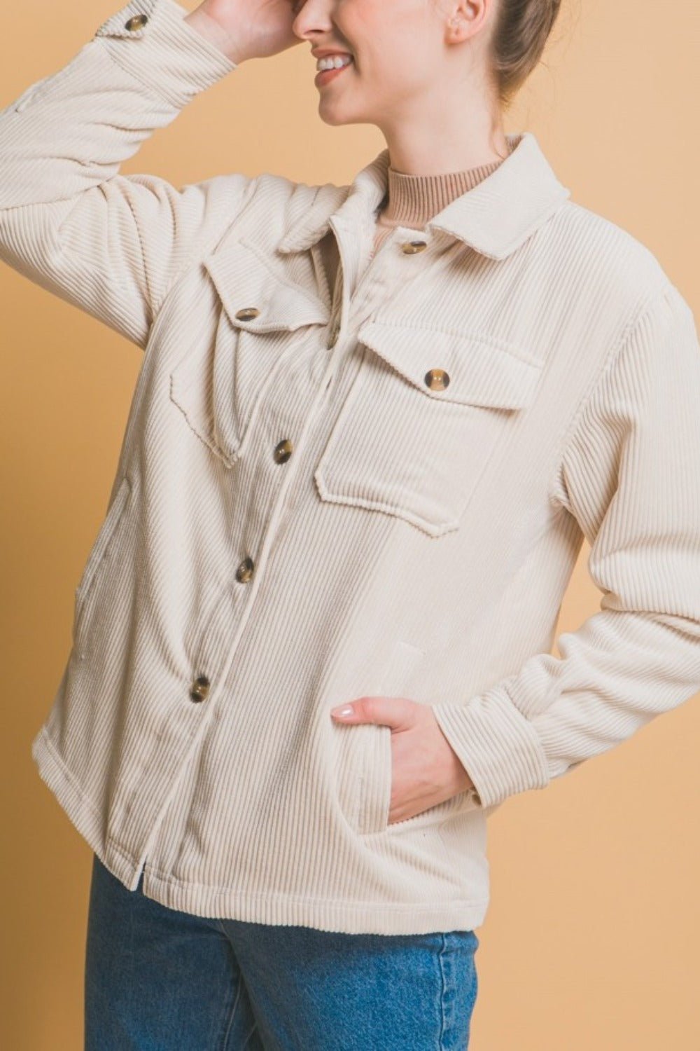 Love Tree Corduroy Button Up Jacket with Sherpa Inside - Shacket - Cream - Bella Bourget