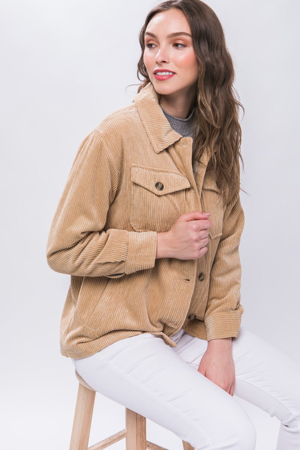 Love Tree Corduroy Button Up Jacket with Sherpa Inside - Shacket - Beige - Bella Bourget