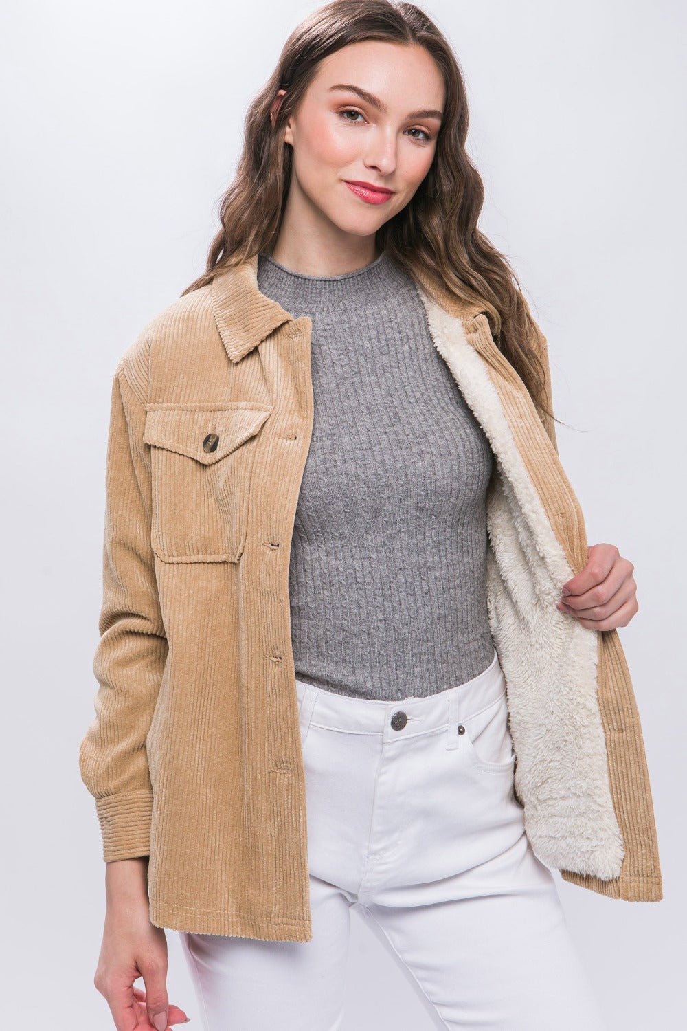 Love Tree Corduroy Button Up Jacket with Sherpa Inside - Shacket - Beige - Bella Bourget