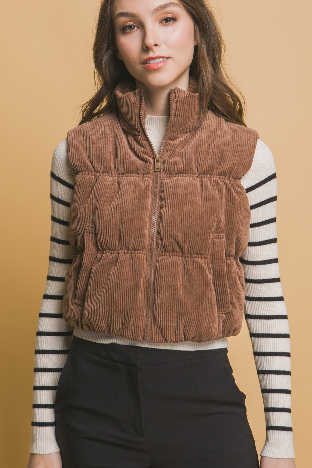 Love Tree Corduroy Zip Up Puffer Vest with Pockets - Vest - Cocoa - Bella Bourget