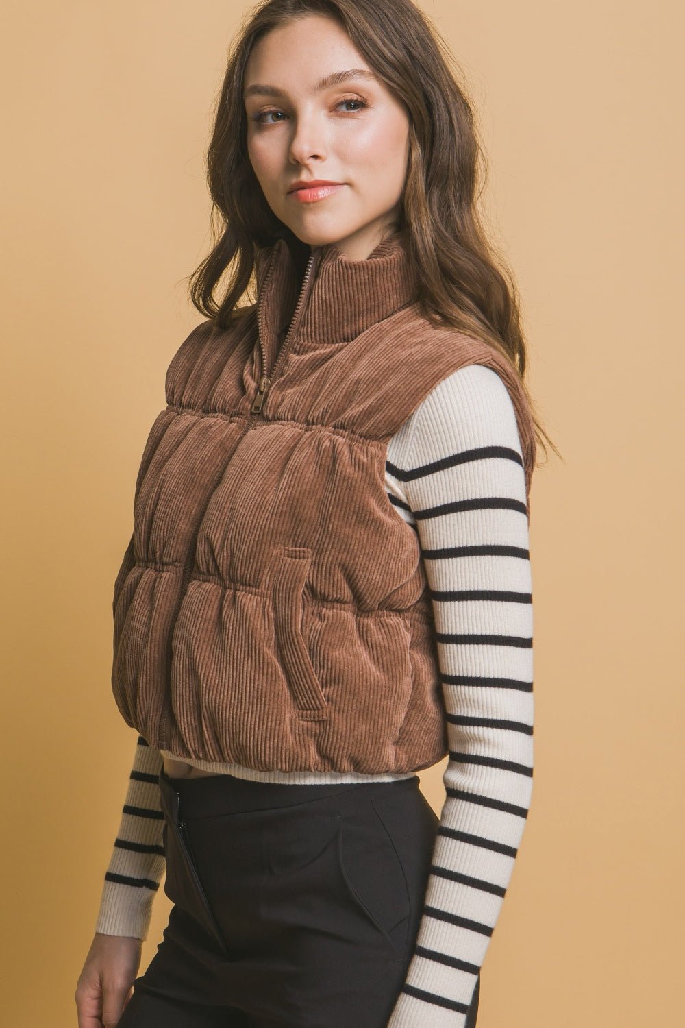 Love Tree Corduroy Zip Up Puffer Vest with Pockets - Vest - Cocoa - Bella Bourget