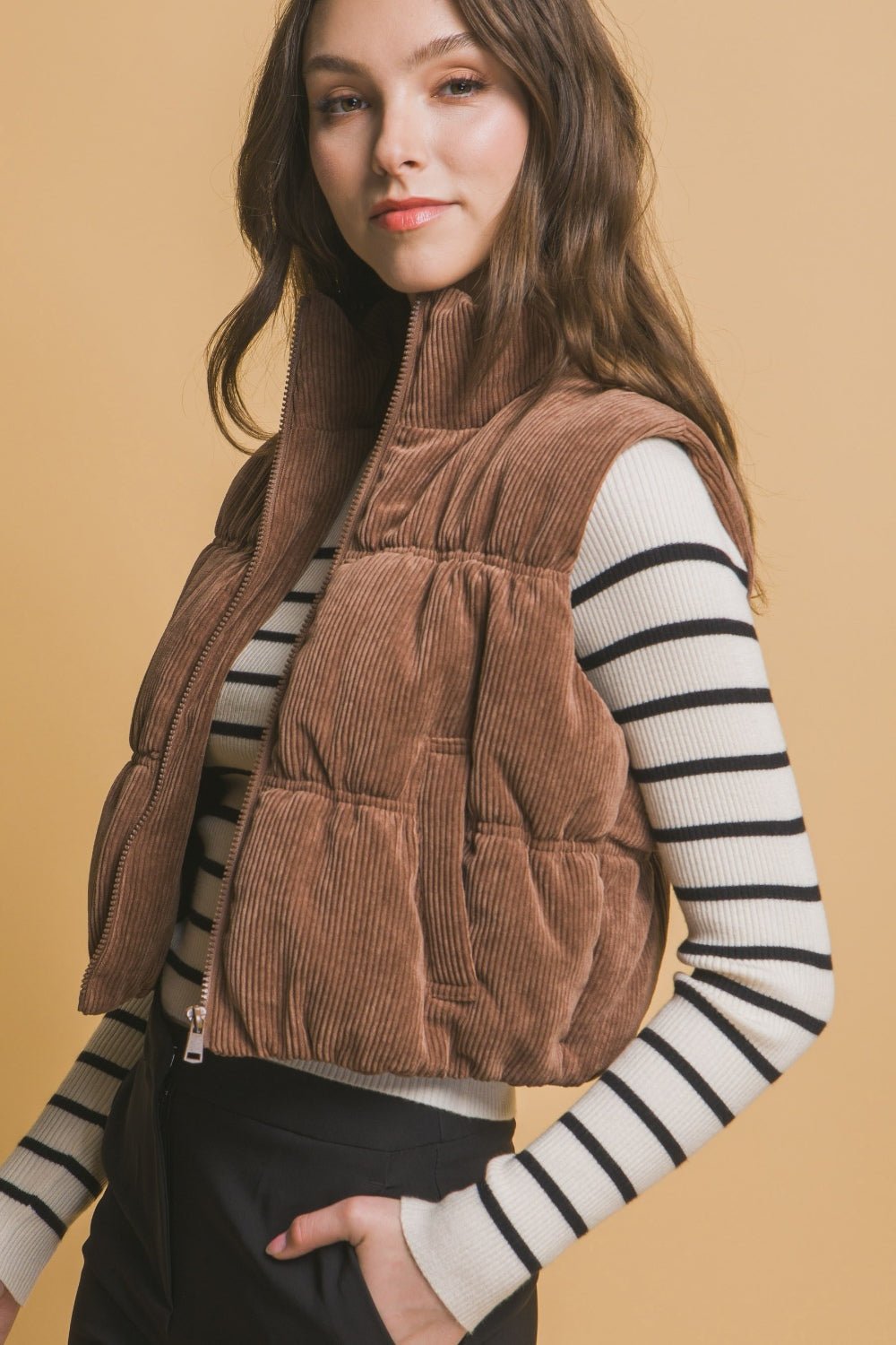 Love Tree Corduroy Zip Up Puffer Vest with Pockets - Vest - Cocoa - Bella Bourget