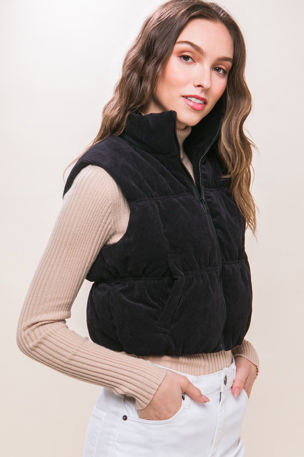 Love Tree Corduroy Zip Up Puffer Vest with Pockets - Vest - Black - Bella Bourget