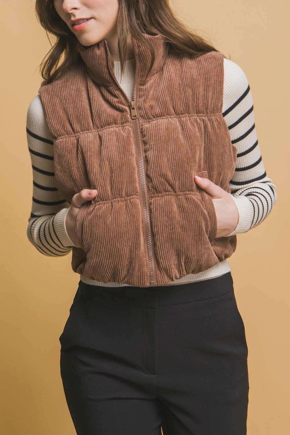 Love Tree Corduroy Zip Up Puffer Vest with Pockets - Vest - Cocoa - Bella Bourget