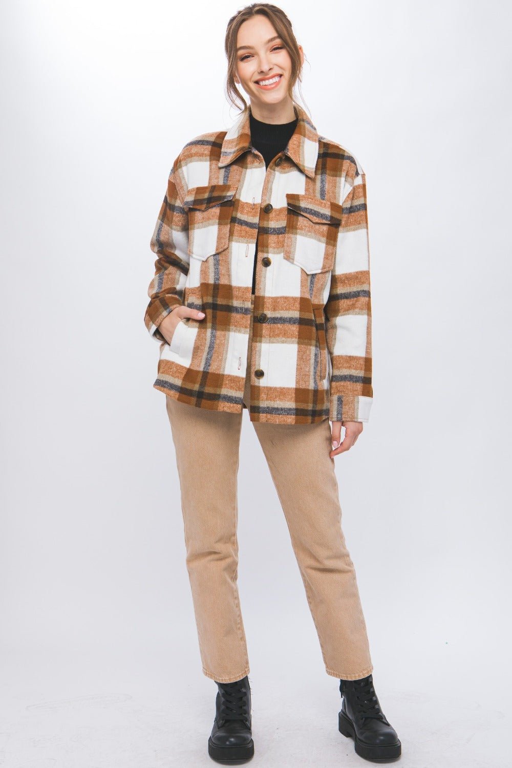 Love Tree Plaid Button Up Shacket - Shacket - Clay - Bella Bourget