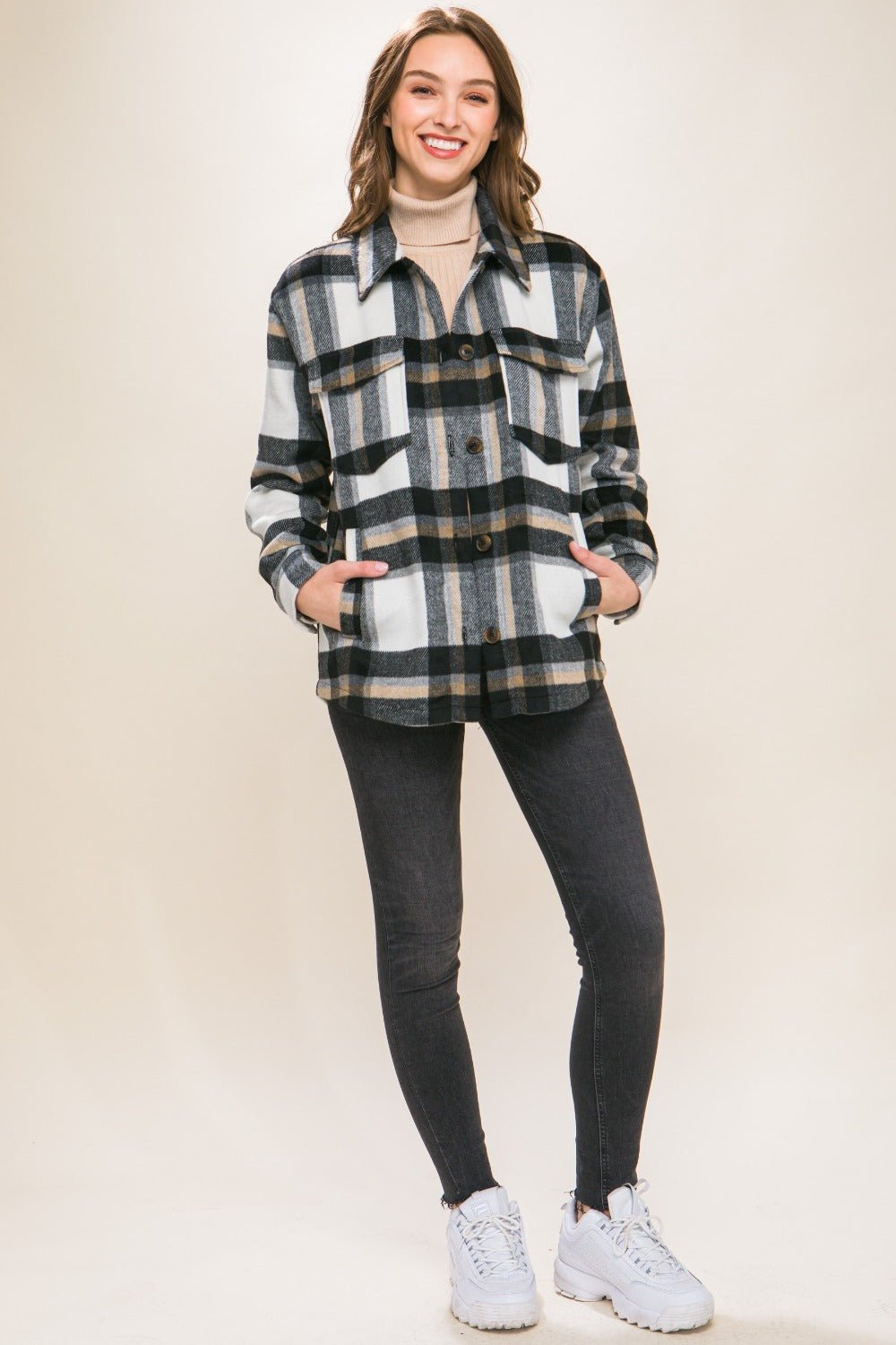 Love Tree Plaid Button Up Shacket - Shacket - Black - Bella Bourget