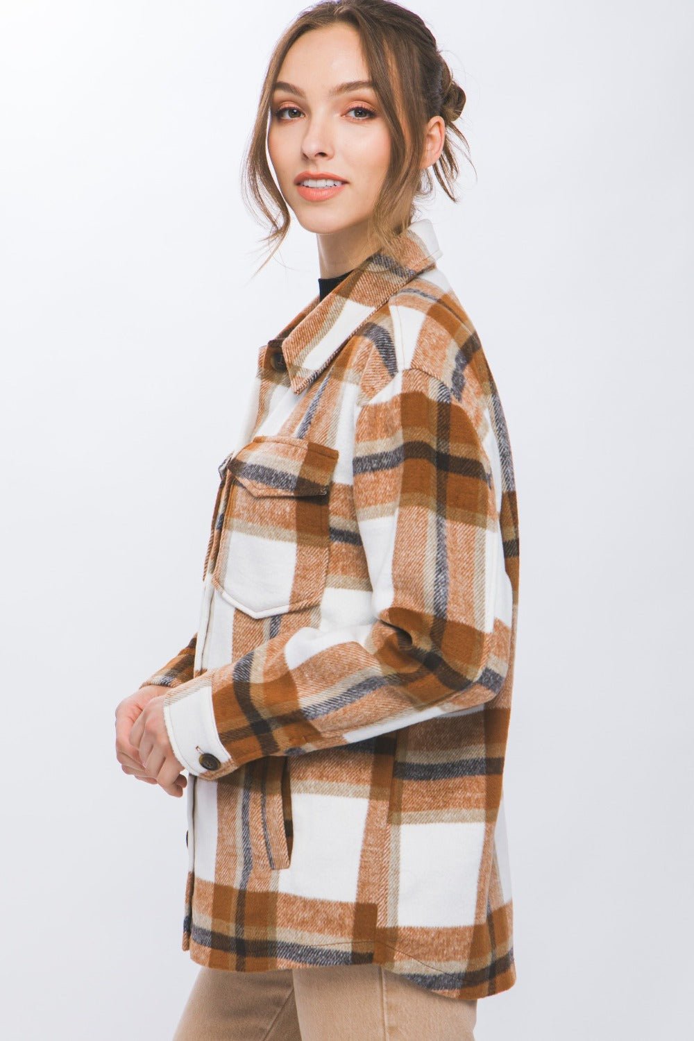 Love Tree Plaid Button Up Shacket - Shacket - Clay - Bella Bourget