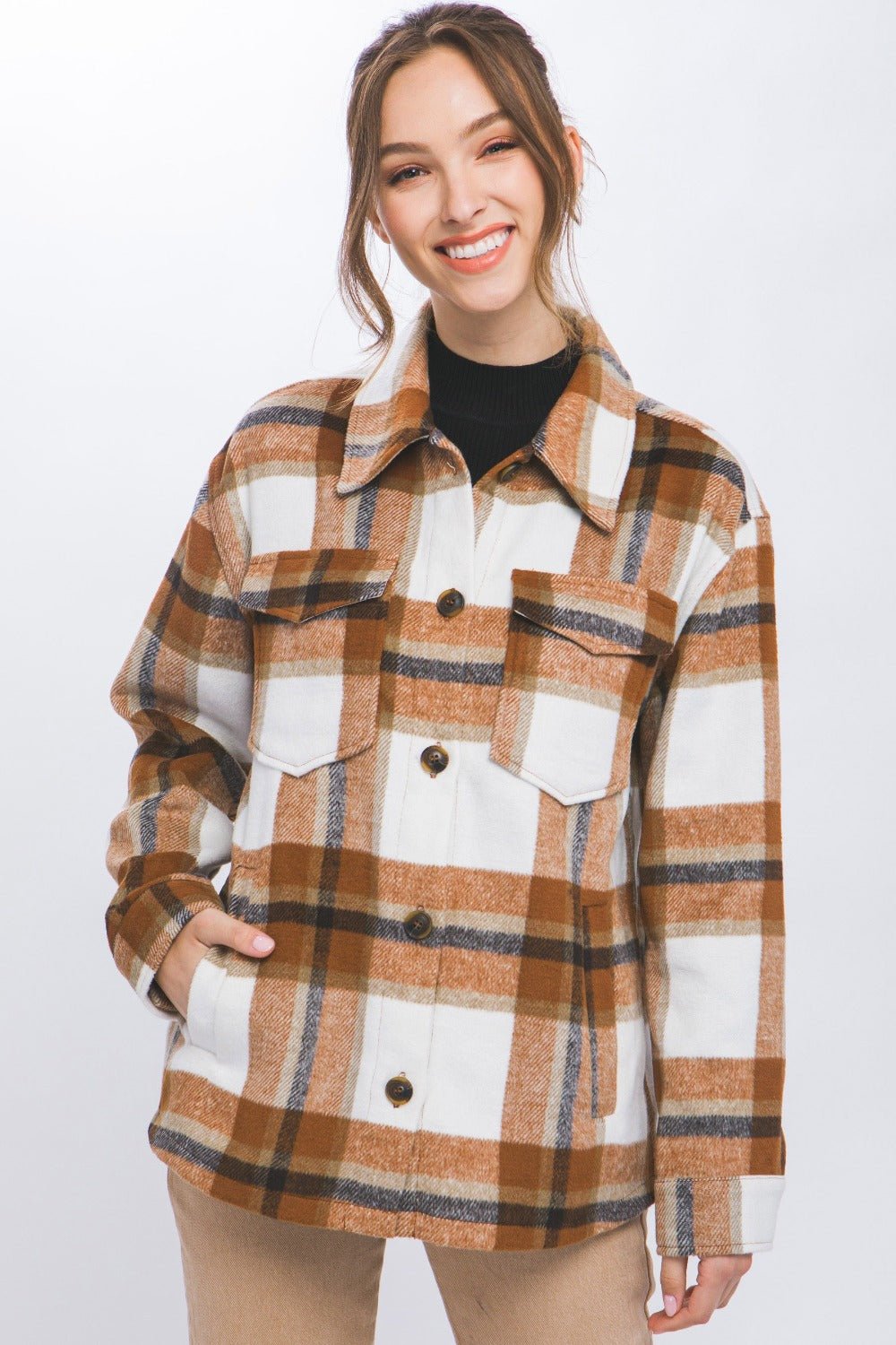 Love Tree Plaid Button Up Shacket - Shacket - Clay - Bella Bourget