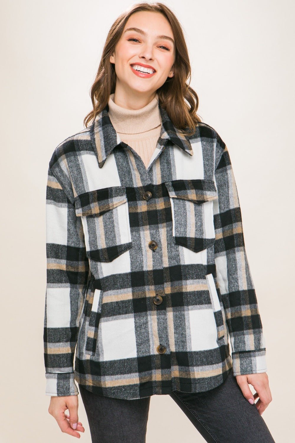 Love Tree Plaid Button Up Shacket - Shacket - Black - Bella Bourget