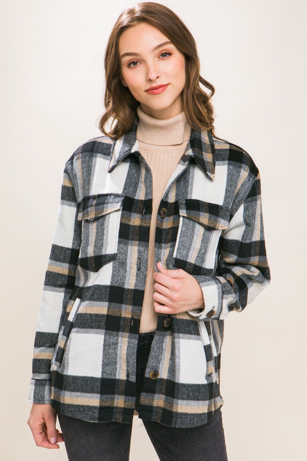 Love Tree Plaid Button Up Shacket - Shacket - Black - Bella Bourget