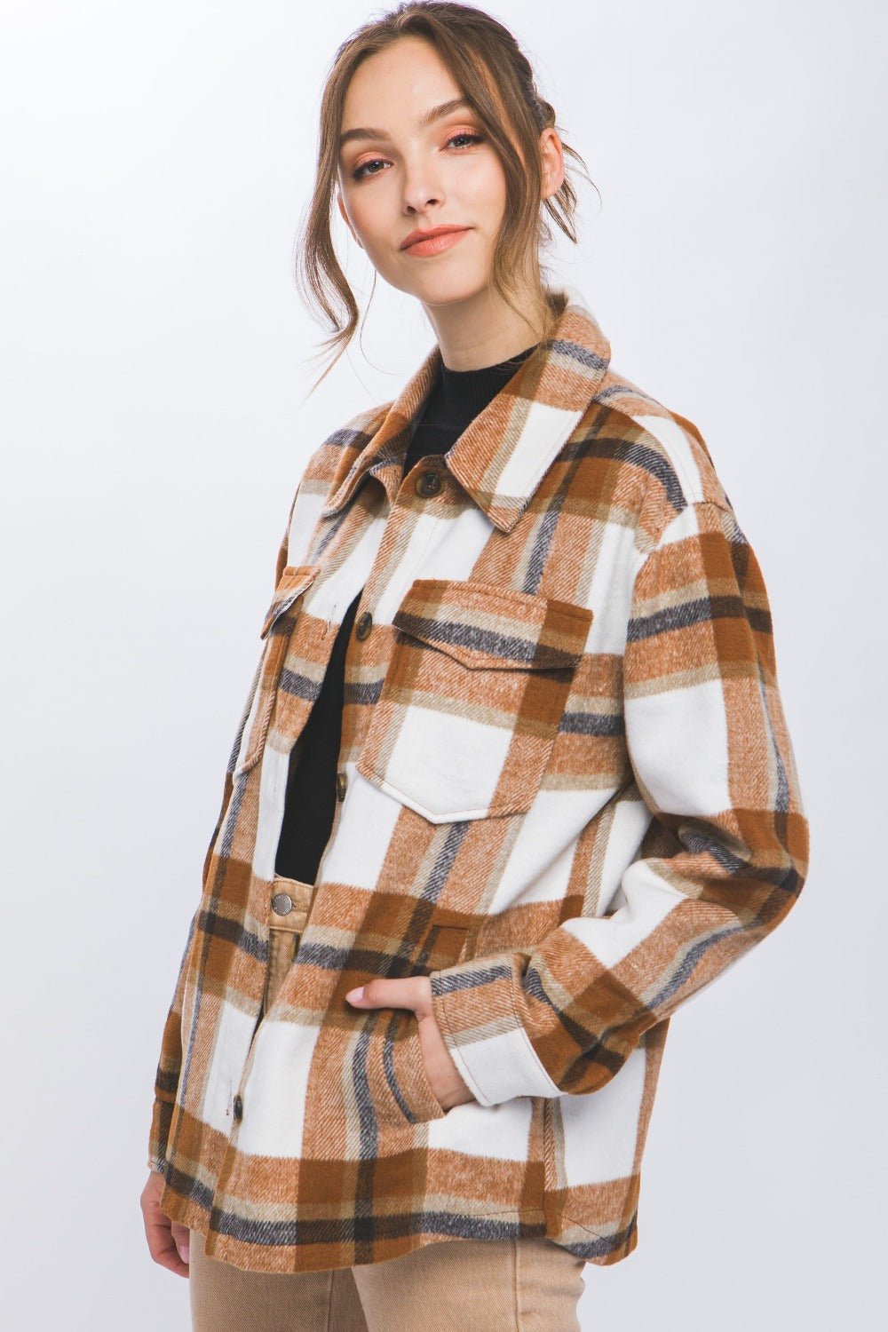 Love Tree Plaid Button Up Shacket - Shacket - Clay - Bella Bourget