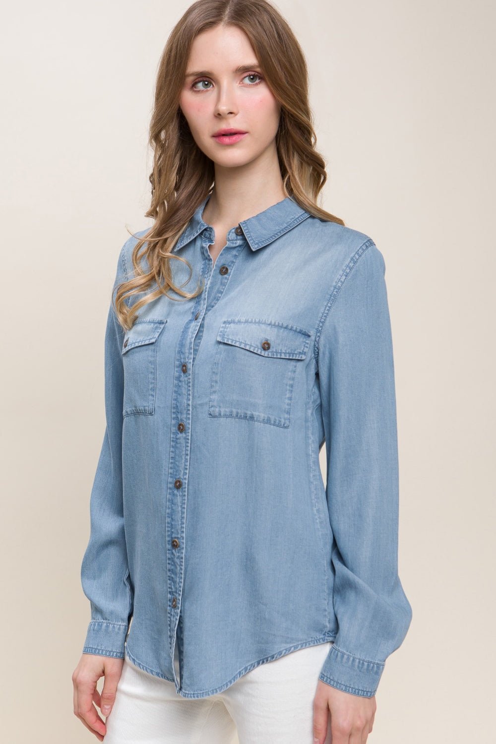 Love Tree Scooped Hem Button Up Denim Shirt - Top - Blue - Bella Bourget