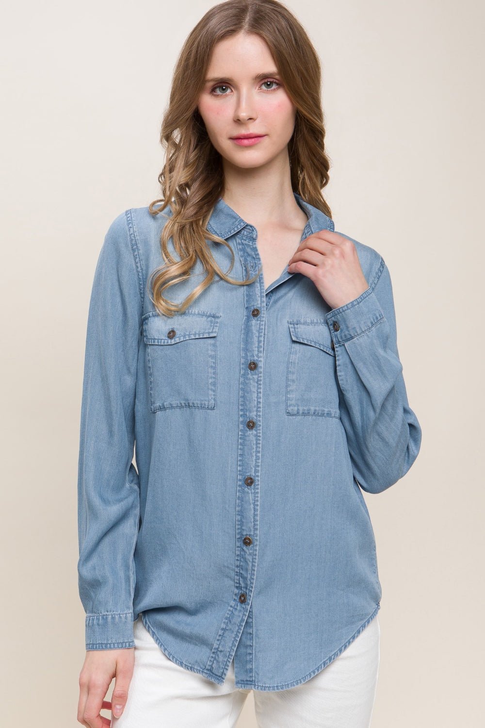 Love Tree Scooped Hem Button Up Denim Shirt - Top - Blue - Bella Bourget